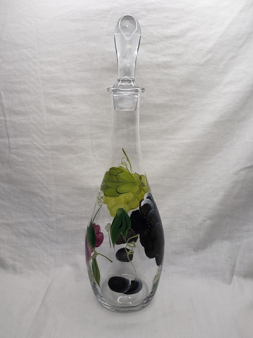 Vintage Clear Glass Wine Decanter with Green, Black and Purple Grape Motif